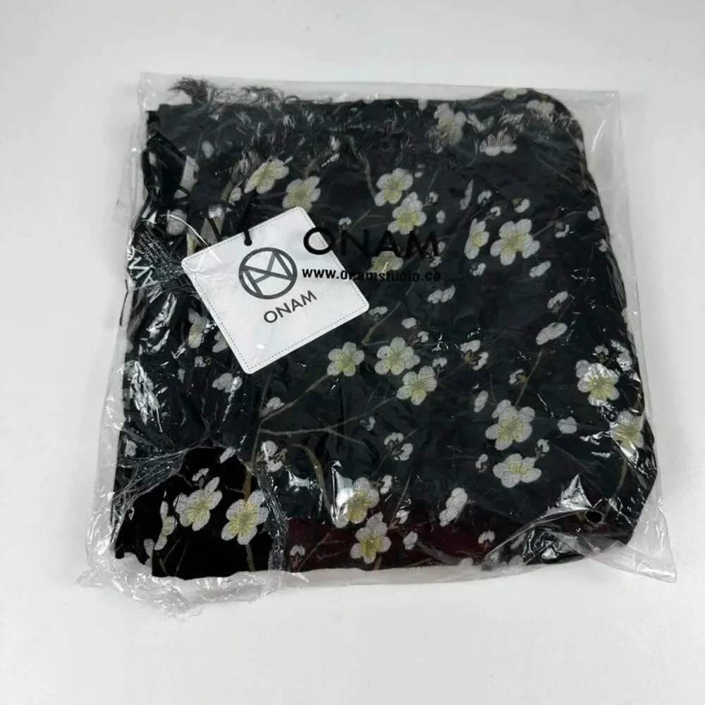 Onam Lightweight Floral Scarf Black & White Scarf Fringe Edges